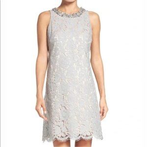 Eliza J Grey Lace Dress with Jeweled Neckline- Size 12